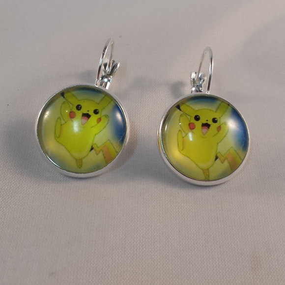 Silver Pikachu Pokemon Cabochon Earrings